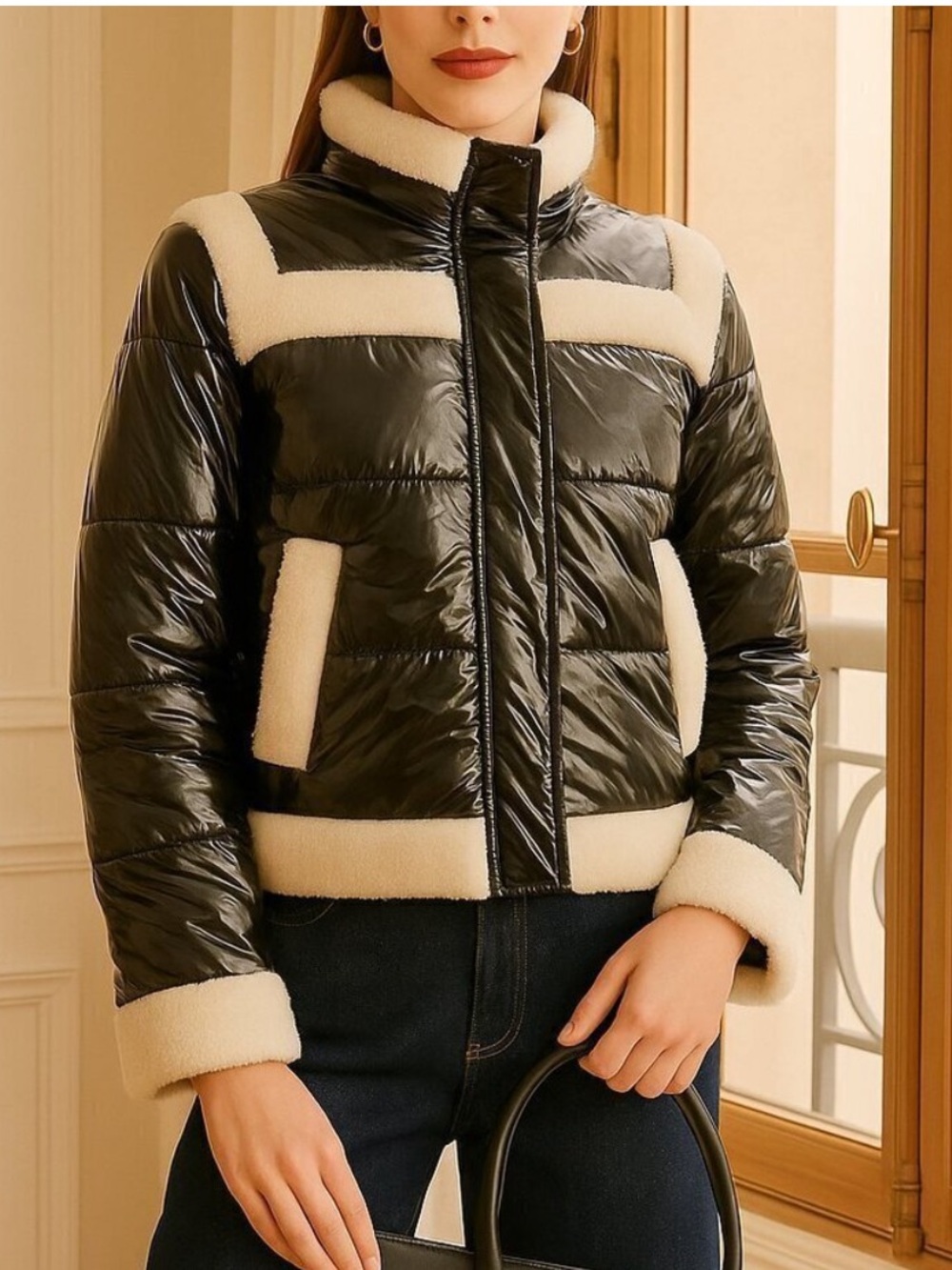 J. Society black patent Sherpa trimmed jacket worn once